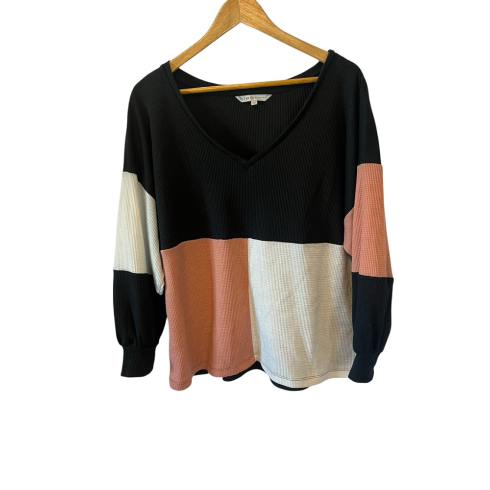 CLEO Petites Top Women’s Large Colour Blocked Long Sleeve Waffle V Neck L